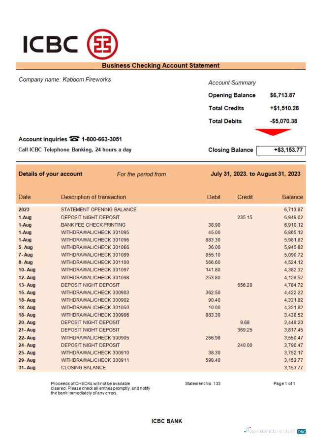 Download ICBC bank business checking account statement Word and PDF template Photoshop template